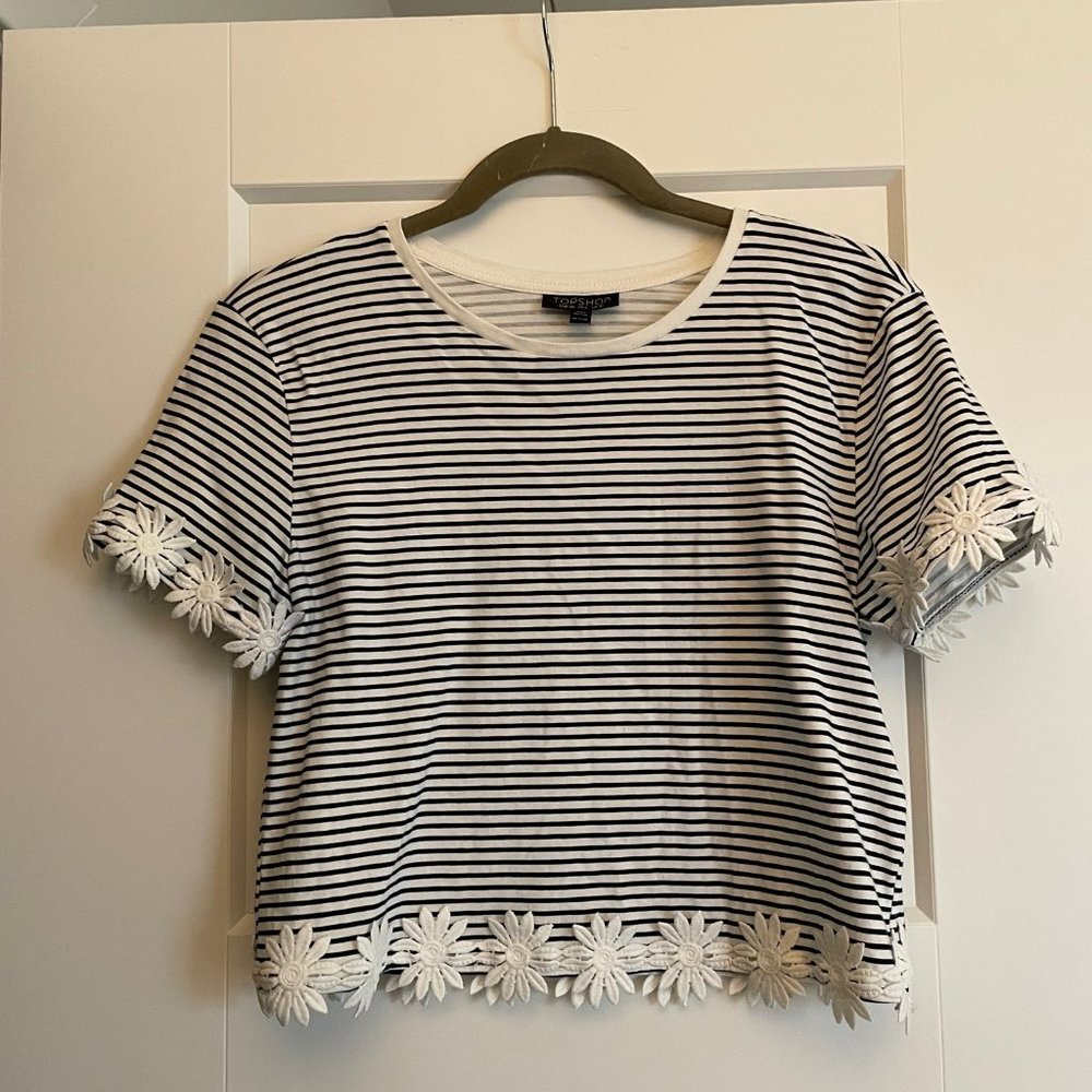 Topshop White and Black Striped Short Sleeve Tee with Daisy Trim